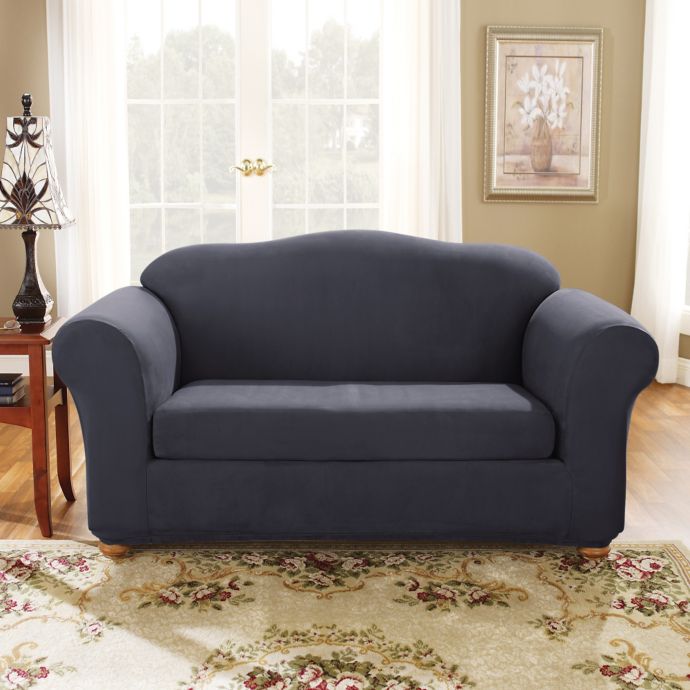 Sure Fit® Stretch Suede Bench Seat Loveseat Slipcover in Storm Blue