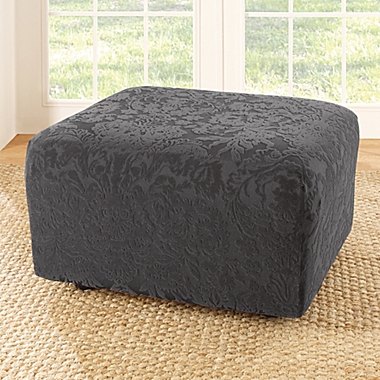 Sure Fit&reg; Stretch Jacquard Damask Ottoman Slipcover in Grey. View a larger version of this product image.