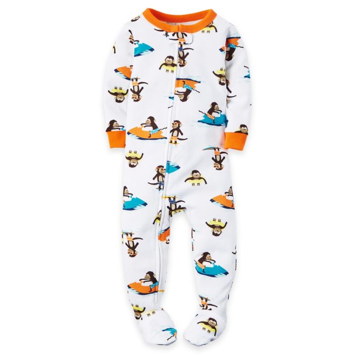 carter's ZipFront Monkey Footed Pajama in White Bed Bath & Beyond