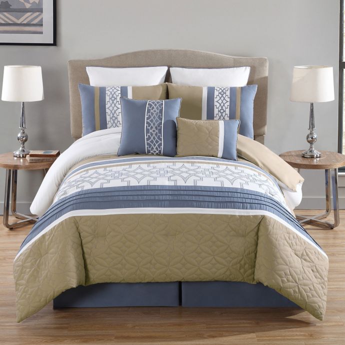 Ibrahim 8 Piece Embroidered Comforter Set In Blue Taupe Bed Bath