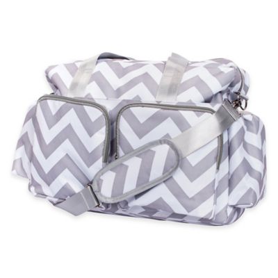 grey and white diaper bag