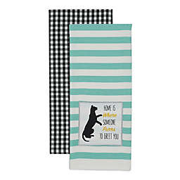 Cat Greeting Kitchen Towels in Green/Black (Set of 2)