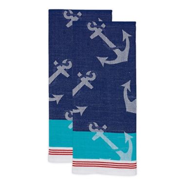 Anchors Away Jacquard Kitchen Towels in Navy/Aqua (Set of 2) | Bed Bath ...
