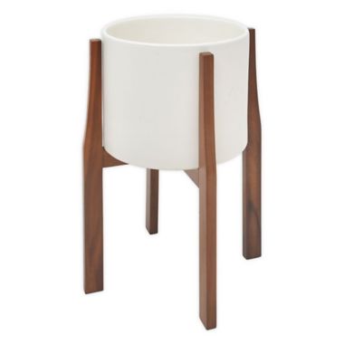 Rita 20-Inch Round Ceramic Planter with Acacia Stand in White. View a larger version of this product image.