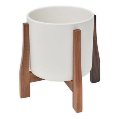 Rita Round Ceramic Planter with Acacia Stand
