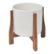 Rita 10-Inch Tall Round Ceramic Planter with Acacia Stand in White
