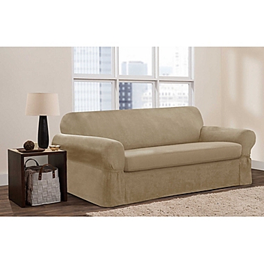 Zenna Home Smart Fit Stretch Suede 2-Piece Sofa Slipcover in Tan. View a larger version of this product image.