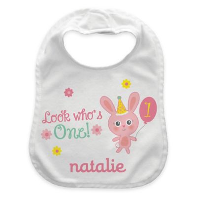 &quot;Look Who&#39;s One&quot; Girl&#39;s Birthday Bib in Pink/White