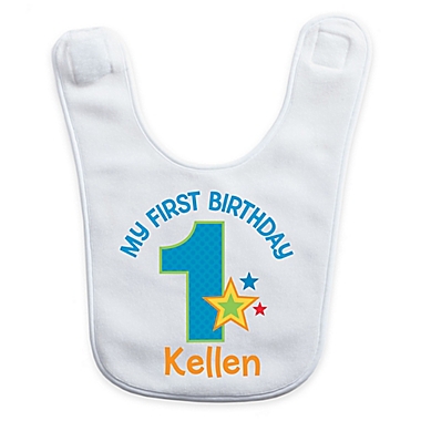&quot;My First Birthday&quot; Baby Boy Bib in White/Blue. View a larger version of this product image.