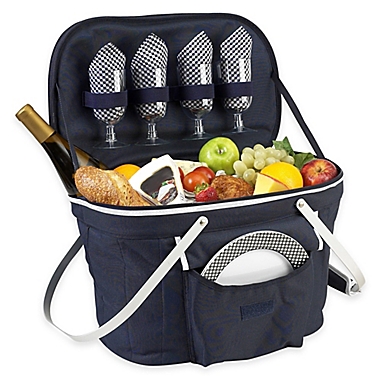 Picnic at Ascot Collapsible Insulated Picnic Basket for 4 in Navy. View a larger version of this product image.