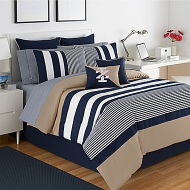 IZOD&reg; Classic Stripe 4-Piece Reversible King Comforter Set in Navy/Taupe. View a larger version of this product image.