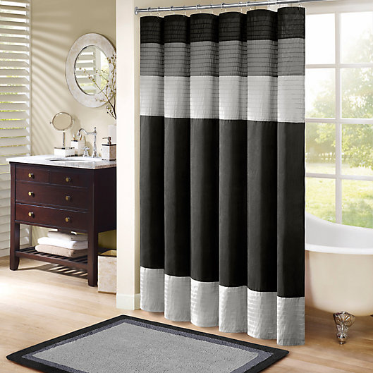 72X72" Black and White Spriped Shower Curtain Set Gold Letters Bath Mat Rug Hook 