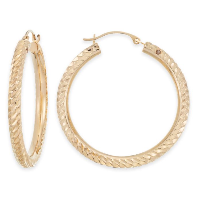 14K Yellow Gold Diagonal Diamond Cut Hoop Earrings | Bed Bath & Beyond