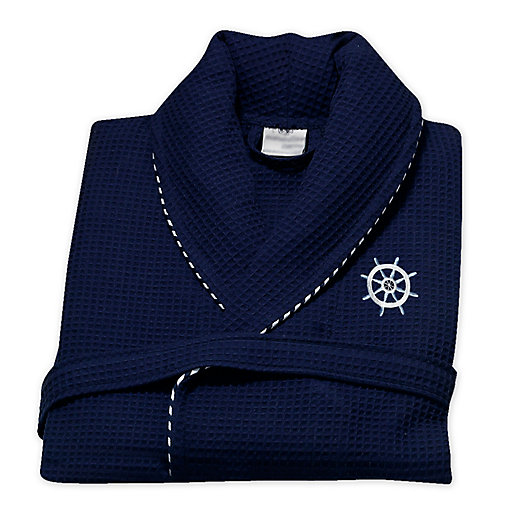 Alternate image 1 for Large Turkish Cotton Sailor Waffle Bathrobe with Embroidery in Navy