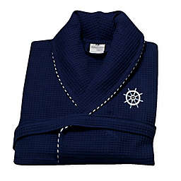 Large Turkish Cotton Sailor Waffle Bathrobe with Embroidery in Navy