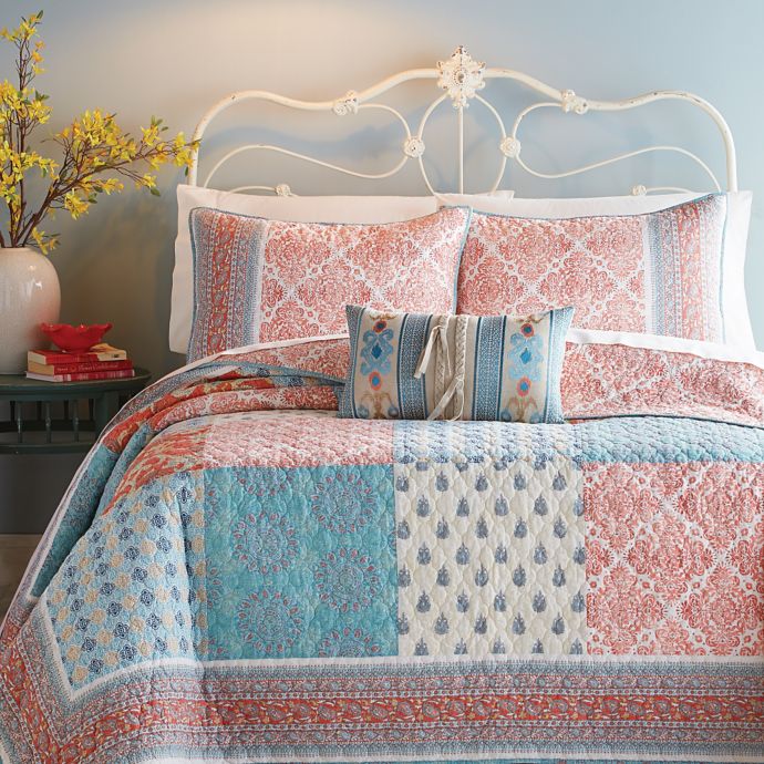 Jessica Simpson Indian Inspired Sunrise Quilt In Coral Blue Bed Bath