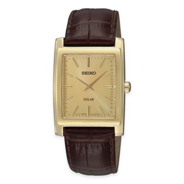 Seiko Men's Solar Rectangular Watch with Brown Leather Strap and Champagne  Dial | Bed Bath & Beyond