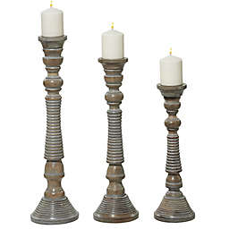 Ridge Road Décor Turned Column Wooden Candlesticks in Light Grey (Set of 3)