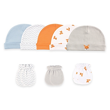 Baby Vision&reg; Luvable Friends&reg; Size 0-6M 8-Piece Cap & Mitten Set in Orange/Taupe/Fox. View a larger version of this product image.