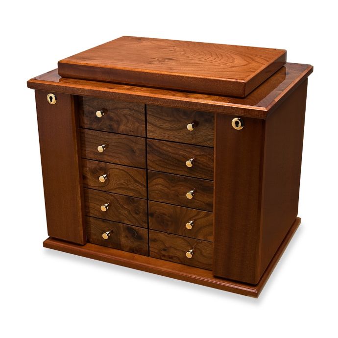 High Polished 8Drawer Burlwood Jewelry Box in Brown Bed