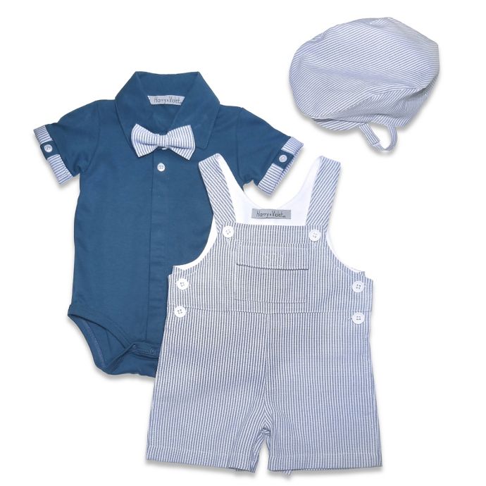 Harry & Violet 3-Piece Striped Shortall, Bodysuit, and Hat Set in Blue ...