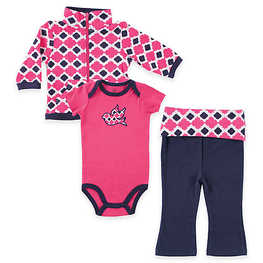 Alternate image 1 for BabyVision® Yoga Sprout Bird 3-Piece Bird Bodysuit, Pant, and Jacket Set in Pink/Blue