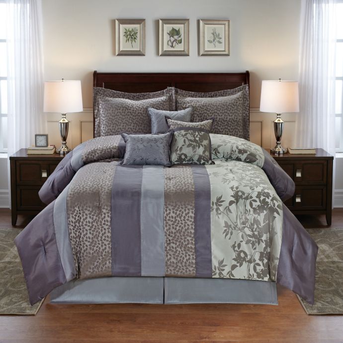 Cathay Home Leaves 7 Piece Jacquard Reversible Comforter Set In Purple