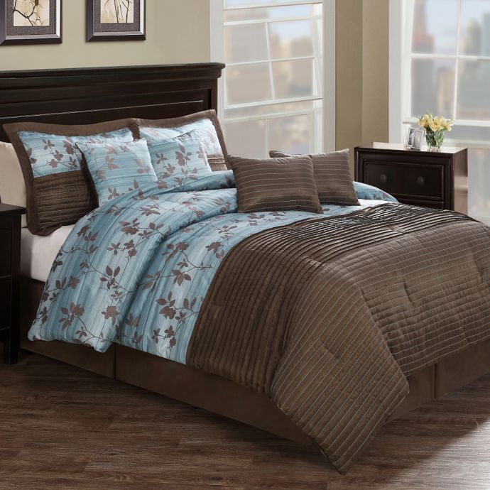 Chocolate Aqua Pleat 8 Piece Comforter Set In Brown Blue Bed