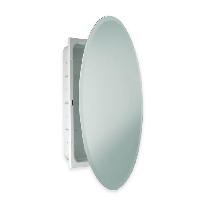 Oval Beveled Recessed Mirrored Medicine Cabinet In White Bed