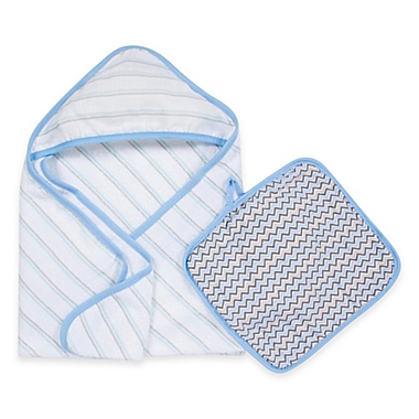 MiracleWare Muslin Hooded Towel & Washcloth Set in Blue & Grey. View a larger version of this product image.