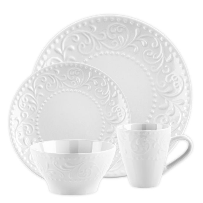 Home Essentials & Beyond White Scroll Embossed 16-Piece Ceramic