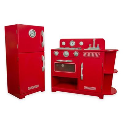 red wooden play kitchen