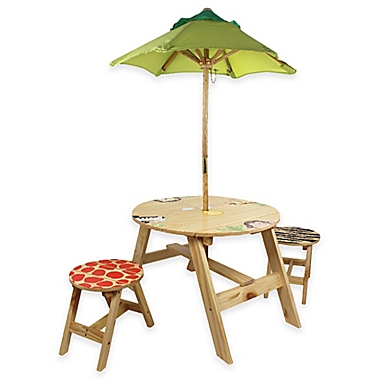Teamson Kids Outdoor Table and Chairs Set with Umbrella in Sunny Safari. View a larger version of this product image.