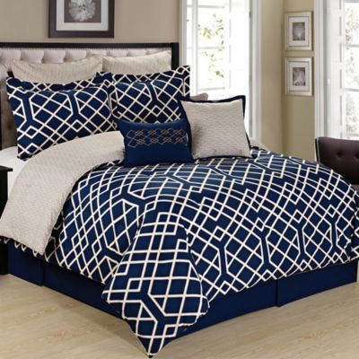 Cathay Home Demetri 8 Piece Reversible Comforter Set In Blue Cream