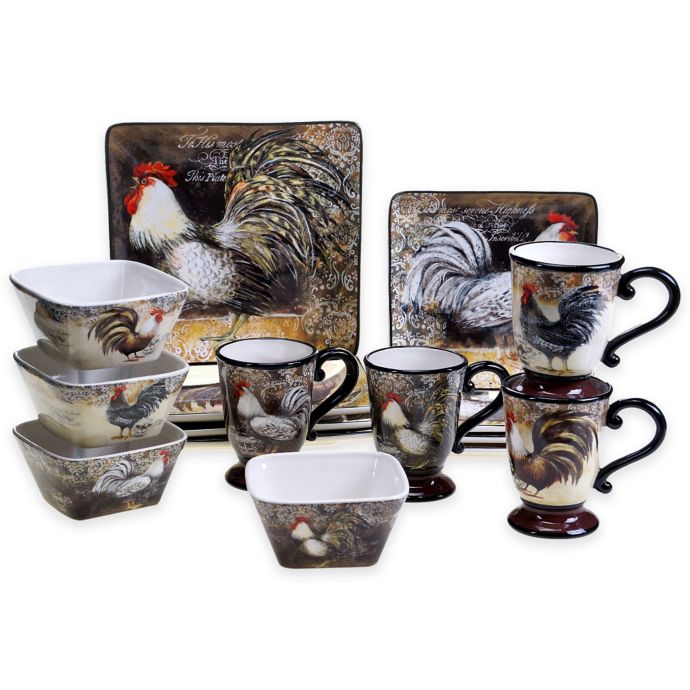 Certified International Vintage Rooster 16Piece Dinnerware Set Bed