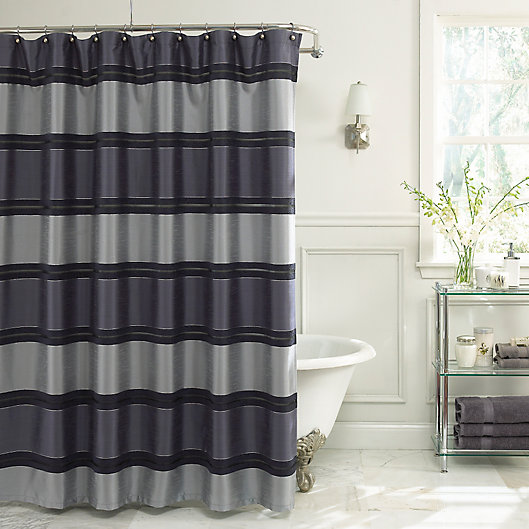 Alternate image 1 for Jardin Stripe Fabric Shower Curtain in Navy