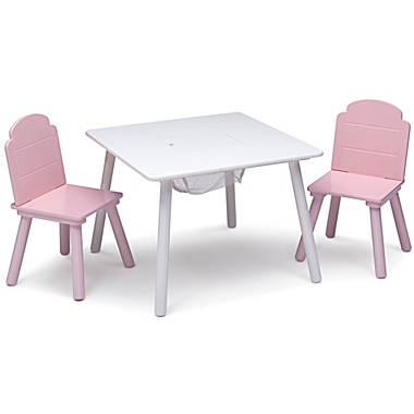 Delta Children Finn 3-Piece Table and Chair Set with Storage in White/Pink. View a larger version of this product image.