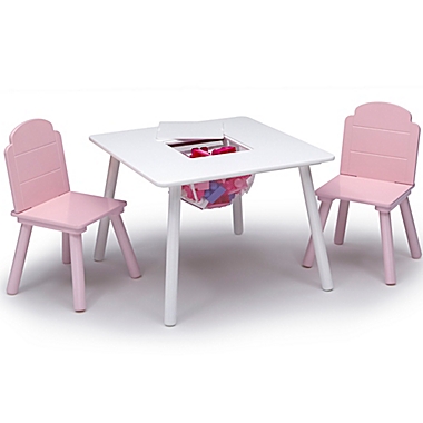 Delta Children Finn 3-Piece Table and Chair Set with Storage in White/Pink. View a larger version of this product image.