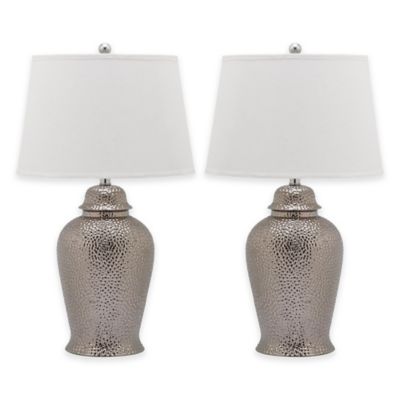 silver table lamp with white shade