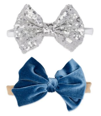 Khristie&reg; 2-Pack Velour and Sequin Bow Headband Set in Blue/Silver