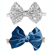 Khristie&reg; 2-Pack Velour and Sequin Bow Headband Set in Blue/Silver