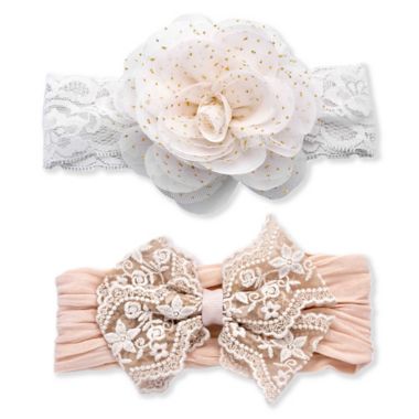 Khristie&reg; 2-Pack Lace and Flower Headbands in Taupe/White. View a larger version of this product image.