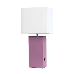 Elegant Designs Leather Table Lamp in Purple with Fabric Shade