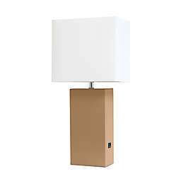 Elegant Designs Leather Table Lamp in Beige with Fabric Shade