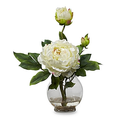 Nearly Natural&trade; 13.5-Inch Silk Peony Floral Arrangement with Fluted Vase in White. View a larger version of this product image.