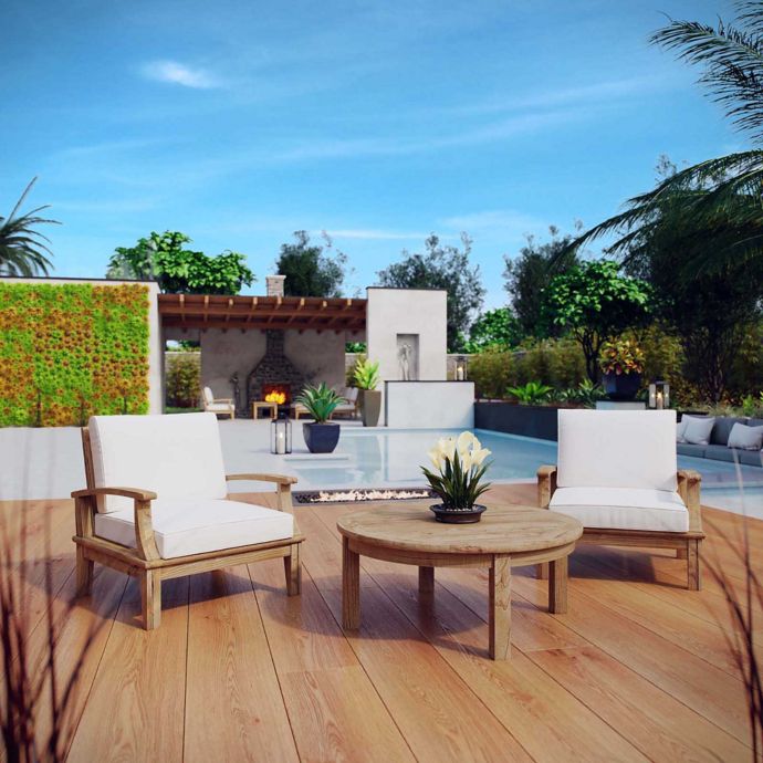 Modway Marina 3 Piece Outdoor Patio Teak Seating Set In Natural White Bed Bath Beyond