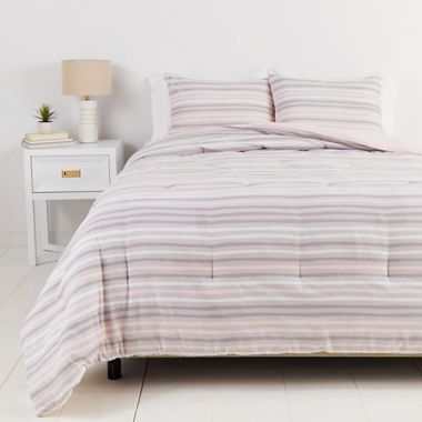 Simply Essential&trade; Broken Stripe 3-Piece Full/Queen Duvet Cover Set in Pink/Grey. View a larger version of this product image.