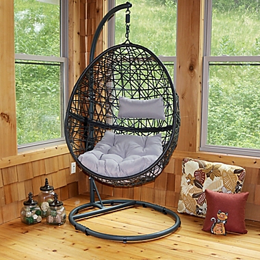 Sunnydaze Decor Caroline Wicker Hanging Egg Chair in Grey. View a larger version of this product image.