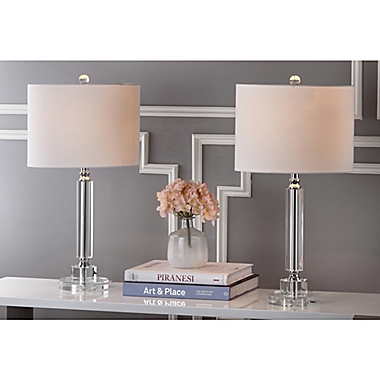 Safavieh Deco Column Crystal Table Lamps with Linen Drum Shades (Set of 2). View a larger version of this product image.