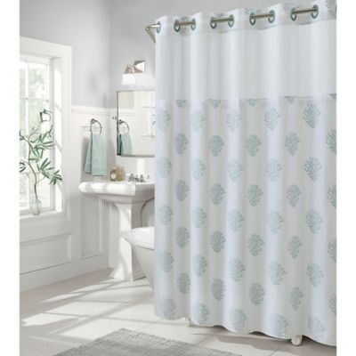 coral and white shower curtain